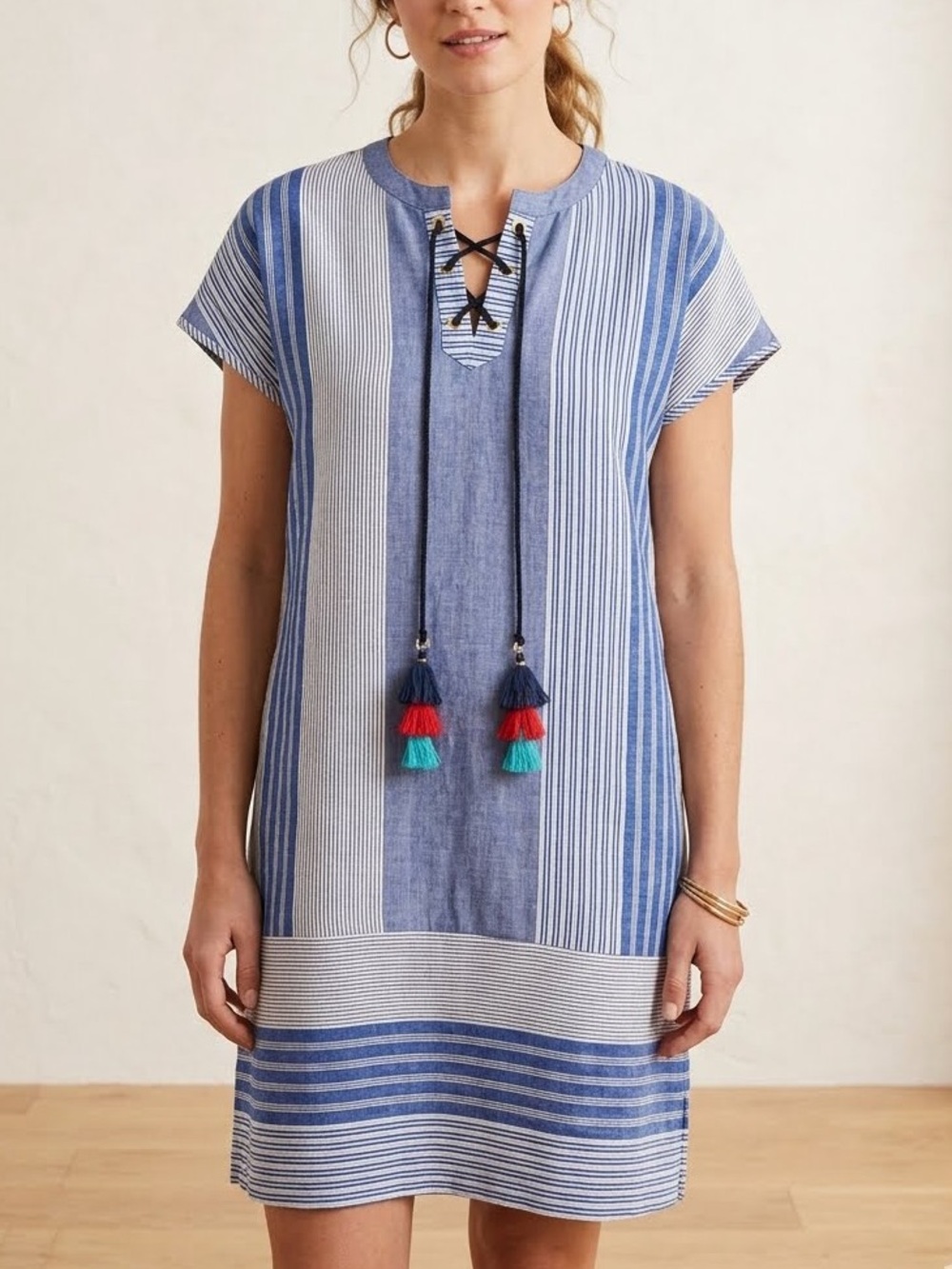 Vineyard Vines Linen Striped Tassel Shift Tunic Dress Blue White Size 6